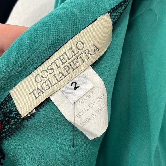 Costello Tagliapietra Blue Green Plunge Back Tie Waist Silk Midi Dress - Picture 4 of 9